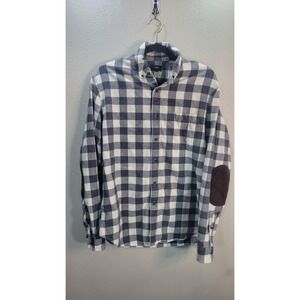 J.Crew FactoryRugged Flannel Buffalo Check Shirt Blue Suede Elbow Patches Mens M
